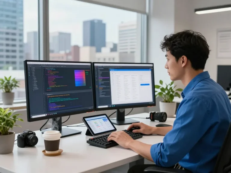 Creating image to prompt in a high-tech workspace with vibrant coding displays and modern gadgets.