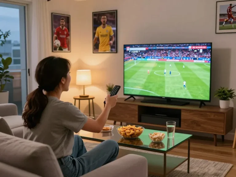Cakhiatv fan enjoying live football match in a vibrant home setting