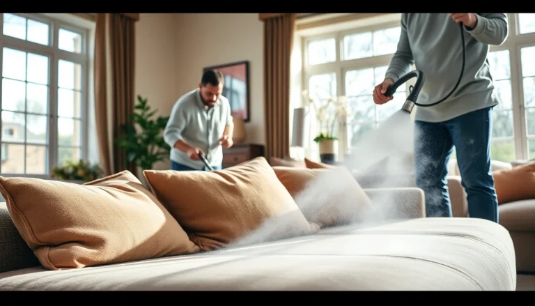 Couch cleaning in Glasgow with a technician using a steam cleaner in a stylish living room.