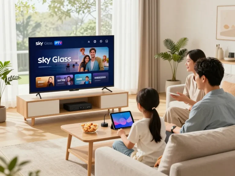 Family bonding while enjoying Sky Glass IPTV Subscription streaming on Smart TV.