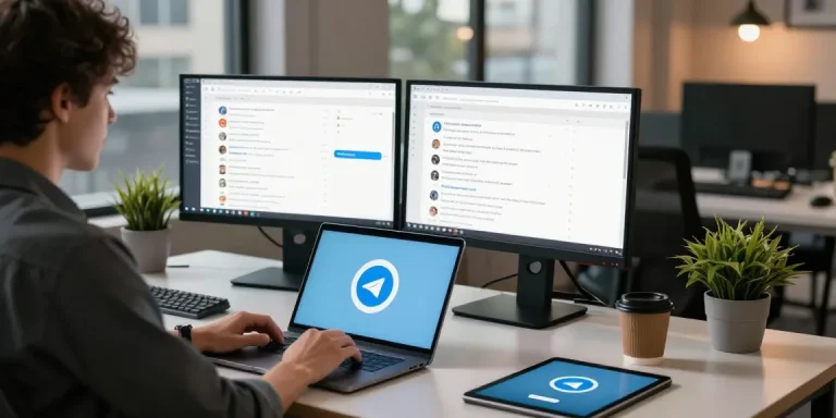 在现代科技工作空间中探索telegram中文版官网，展示多个设备上的Telegram。