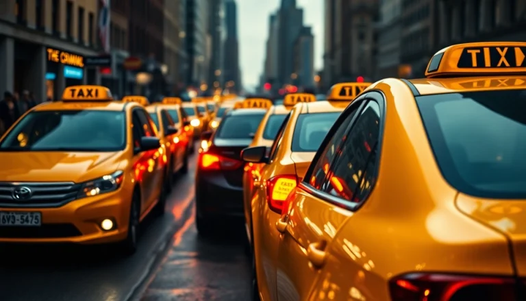 Cabs waiting on a city street, showcasing vibrant colors and urban energy.