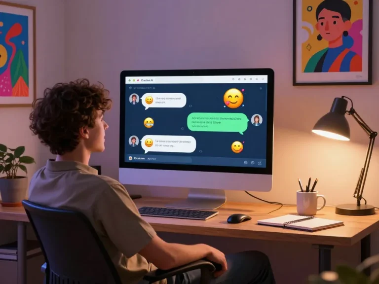 Engaging in ai nsfw chat on Crushon AI platform in a vibrant home office.