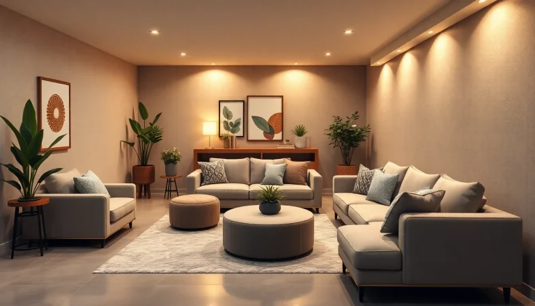 Showcasing a beautifully designed basement renovation with a cozy lounge area.