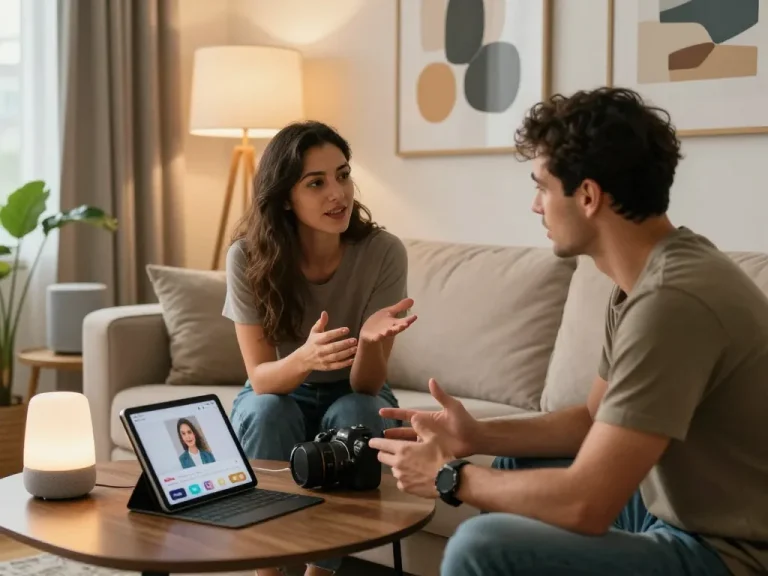 Couple discussing sex AI and intimacy technology in a cozy living room.