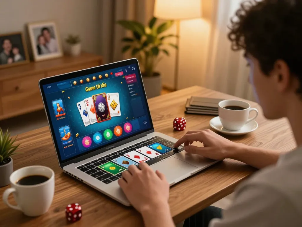 Player enjoying online Game tài xỉu on laptop, showcasing vibrant virtual gaming graphics in cozy environment.