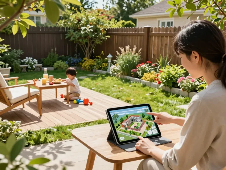 Family enjoying a veranda configurator while designing a custom outdoor space in a sunny garden.