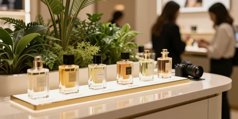Razalympea fragrance elegantly displayed among luxury perfumes in a chic retail setting.