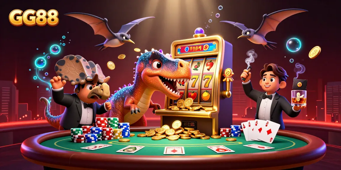 GG88 scene with a cartoon dinosaur hitting a slot machine, capturing excitement and jackpots in a colorful casino.