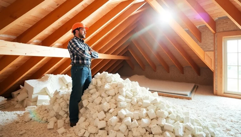 Contractor examining average spray foam removal cost in a well-lit attic, showcasing removal process details.