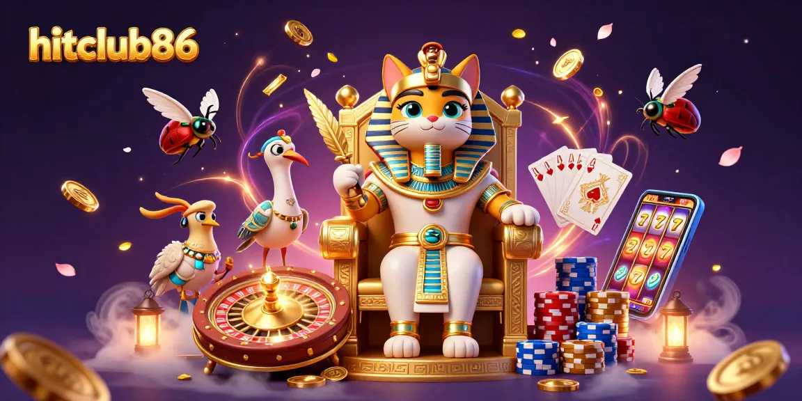 Experience lively gaming with hitclub86 as vibrant coins and cards swirl around a majestic pharaoh cat.
