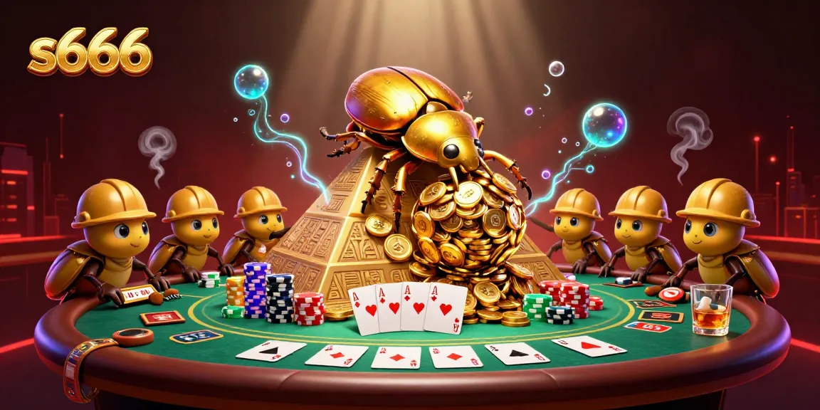 S666 players enjoy thrilling casino moments with golden coin beetles and vibrant poker scenes.