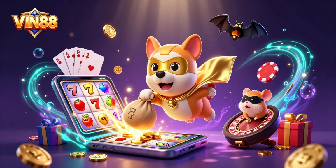Experience the excitement of VIN88 with a superhero dog and hamster in a thrilling casino adventure.