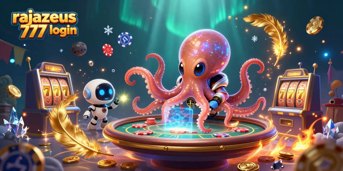 Join exciting games at rajazeus 777 login while a vibrant octopus dealer operates a holographic poker setup.
