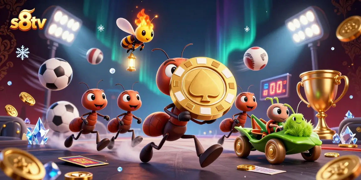 S8tv team of ants executes an exciting heist with a golden poker chip, surrounded by vibrant gambling elements