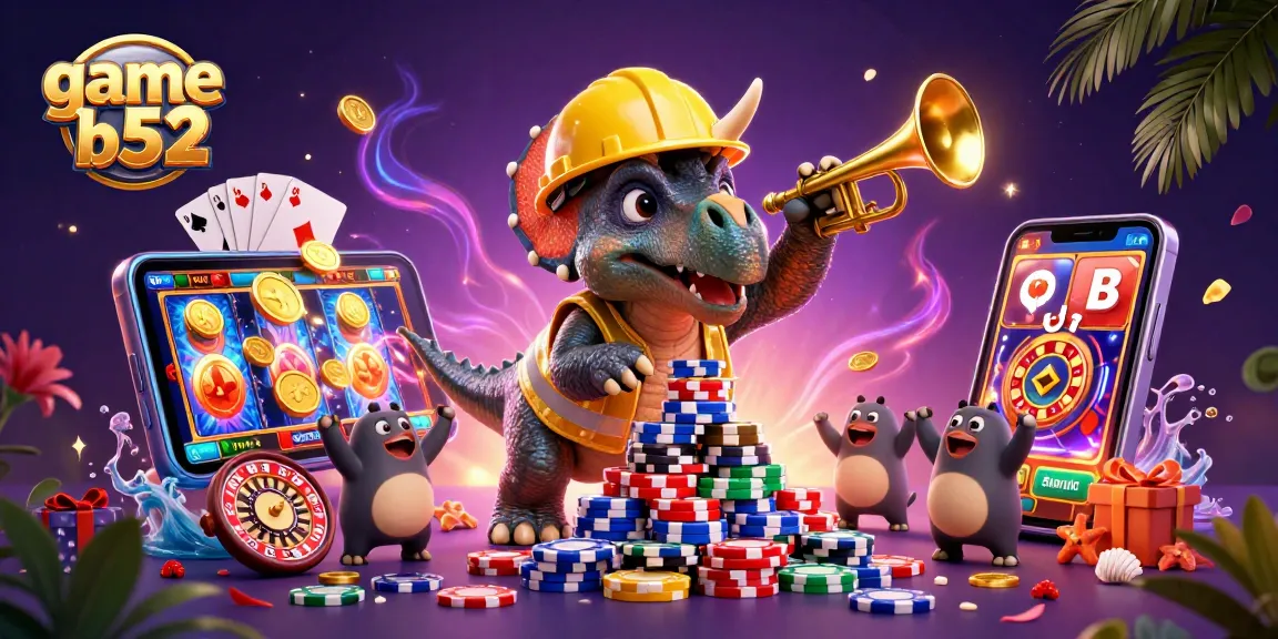 Experience the excitement of game b52 with 3D characters celebrating wins and fun casino elements.