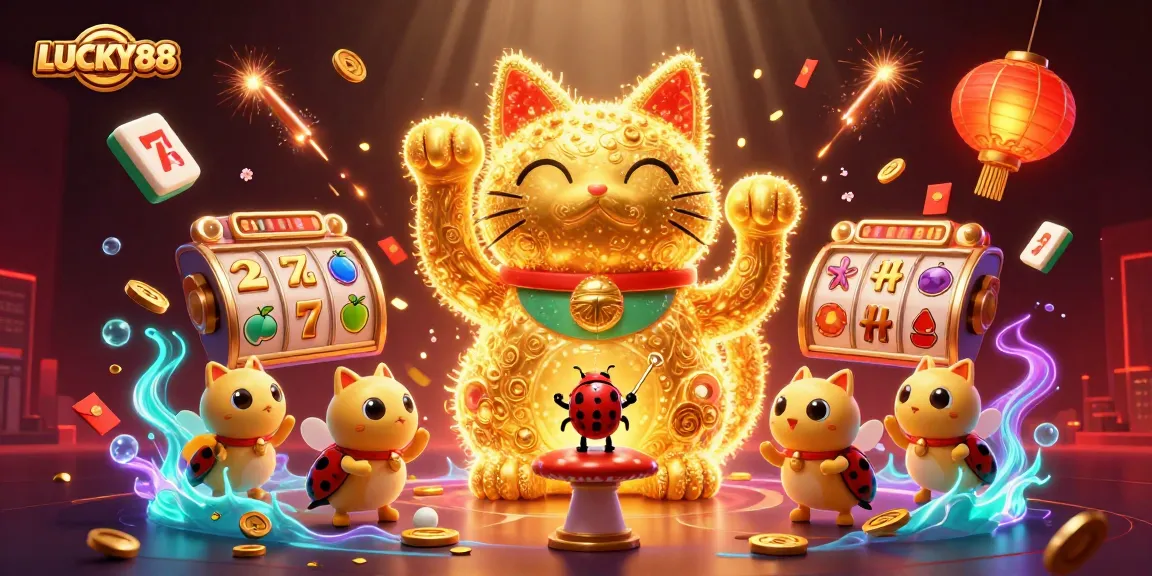 LUCKY88 features a lucky cat, fireflies, and slot symbols in a dynamic 3D casino scene.