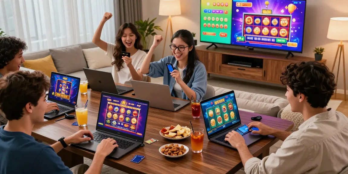 Players enjoying credit card casinos in a lively home gaming environment, celebrating wins with digital slot games and vibrant animations.