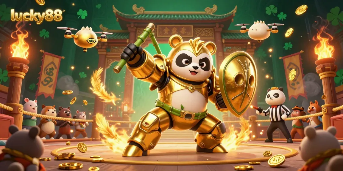 Engage with exciting gameplay at lucky88 featuring a mech-suit panda in a vibrant casino arena.